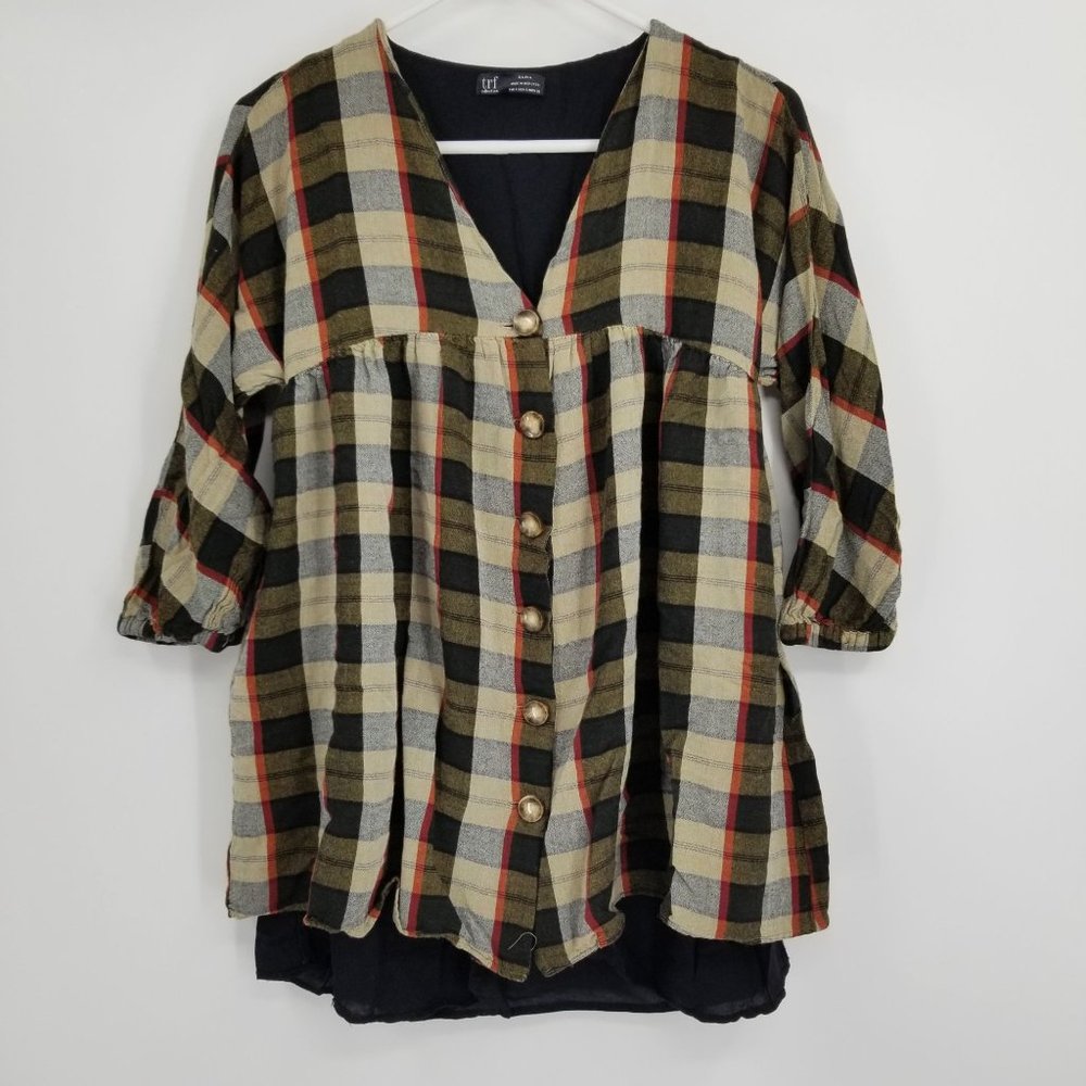 TRF Zara Collection Women's Plaid Button Tunic Shirt Size Small